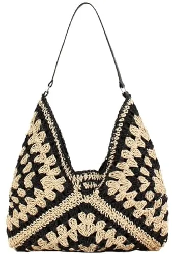 YingStar Bolso Bandolera Mujer Grande de Rafia - Tote Bag de Paja para Playa, Tejido Crochet Bohemio para Verano, Hombro, Viaje, Fiesta y Vacaciones