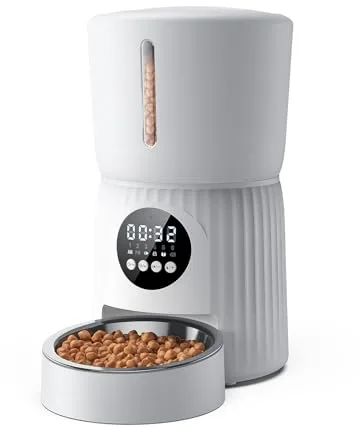 Comedero Gato Automatico, Faroro 4L Dispensador Comida Gatos/Perros con 1 a 6 Comidas Al Día, Control de Porciones, Voz 10s, Alimentación Lenta (Blanco)