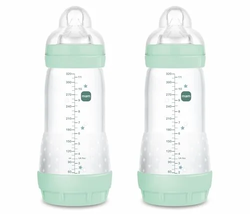MAM Pack 2 Biberones Anticólicos, a partir de 4 Meses, 320ml, con Tetina 3 Flujo Rápido de Fácil Aceptación, Autoesterilizable y Fácil de Limpiar, MAM Easy Start Anti-Colic, Azul Brillante, Pack 2uds