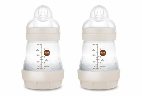 MAM Pack 2 Biberones Anticólicos, Recién Nacido, 0-2 Meses, 160ml, con Tetina 1 Flujo Lento de Fácil Aceptación, Autoesterilizable y Fácil de Limpiar, MAM Easy Start Anti-Colic, Neutro Mate, 2uds