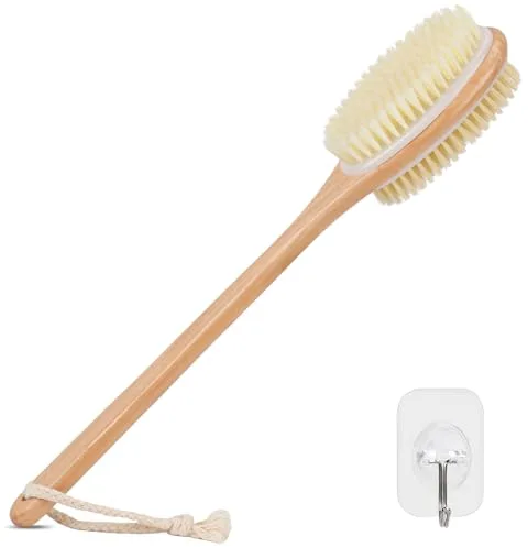 Alyvisun Cepillo Espalda Ducha de Madera con Mango Largo, Cepillo Ducha Espalda de Doble Cara con Cerdas Rígidas y Suaves, Cepillo Exfoliante Corporal [Cepillado Seco y Húmedo]