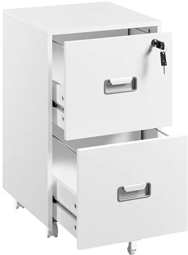 Yaheetech Cajonera de Oficina Móvil con 2 Cajones y Cerradura Mueble Archivador con Ruedas y Frenos Barras Colgantes Ajustables para Carpetas A4/Carta 40x40x66,5 cm Blanco