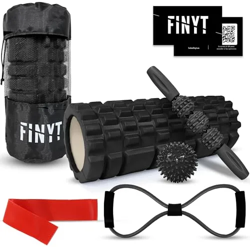 FINYT - Foam roller pack 7en1 - rodillo masaje muscular, rulo masaje muscular, bola de masaje, banda elástica pilates, goma muscular, ejercicios foam y bolsa de transporte roller