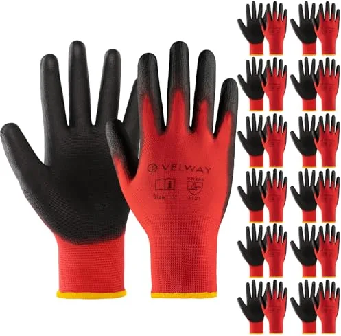 Velway 12 Pares Guantes de Trabajo - Guantes de Protéccion para Hombre Talla 8 Alta Resistencia - Recubrimiento de Poliéster PU - Versátiles Protección Mecánica Industrial Jardinería Pintura - Rojo