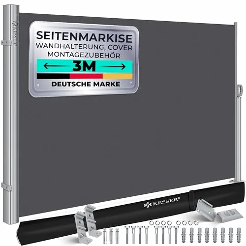 KESSER® Toldo Lateral de Aluminio Extensible y Opaco - 300 x 180 cm, Protección de la Intimidad y contra el Viento con Enrollado Automático, Incl. Burbuja de Lluvia con Soporte de Pared, Gris Oscuro