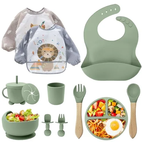 Cubiertos Bebe,Juego de 12 Piezas Platos Bebe con Ventosa, Baby Led Weaning,Cubiertos Infantiles,Juegos de Vajilla Bebe,Cuchara Bebe,Babero Silicona Bebe,Plato de Silicón Antideslizante Sin BPA
