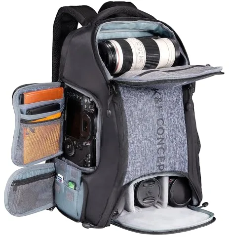 K&F CONCEPT Mochila cámara Bolsa Fotografia impermeable, Bolsa para cámara fotográfica con cubierta para la lluvia Soporte para trípode Compartimento para portátil 15.6"