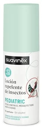 Suavinex, Loción Repelente Mosquitos e Insectos, Apto Bebés +12 Meses, Apto Piel Sensible, Sin Perfume, Sin Alcohol, Eficaz contra el Mosquito Tigre y Garrapatas hasta 8 Horas, con IR3535, 100 ml