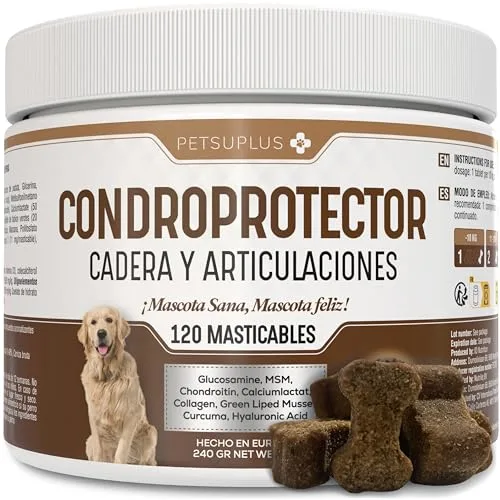 PETSUPLUS Condroprotector Perros - Glucosamina, MSM, Condroitina, Colageno, Acido Hialuronico - Fortalece los cartilagos y Protege Las articulaciones - Antiinflamatorios Naturales - 120 masticables