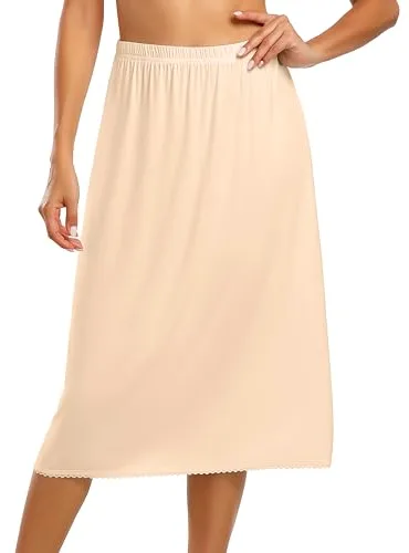 Vlazom Enagua Larga para Mujer Bajo Vestido Suave Cintura Elástica con Ribete de Encaje (S,Nude)