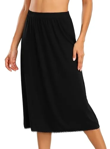 Vlazom Enagua Larga para Mujer Bajo Vestido Suave Cintura Elástica con Ribete de Encaje (M,Negro)