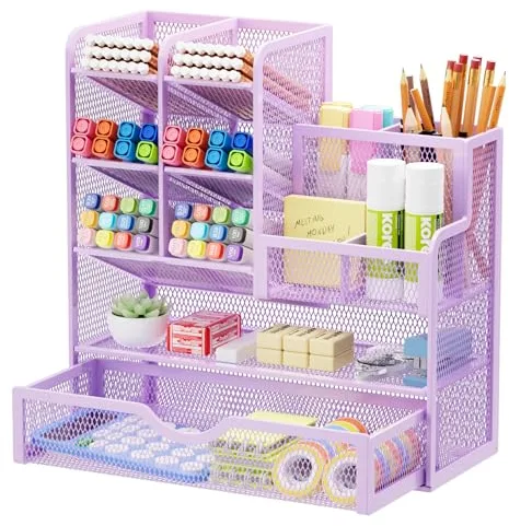 Marbrasse Organizador de Escritorio,Malla Organizador Estacionario,Soporte Multifuncional para Bolígrafos, Almacenamiento de Escritorio y Cajón para Oficina en Casa (Morado)