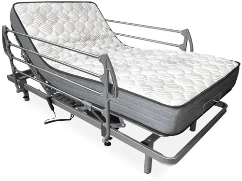 amuéblate online - Pack Cama Eléctrica Articulada Reforzada Ergotop de 5 Planos con Colchón Viscoelástico Dorsaltec + Juego Barandillas INOX, 105 x 190 cm