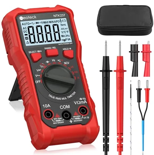 Neoteck Multimetro Digital 2000 Conteos Polimetro Digital con NCV, LCD para Medición de Voltaje y Corriente de CA/CC, Resistencia, Capacitancia, Frecuencia, Temperatura, Continuidad,etc. -Rojo