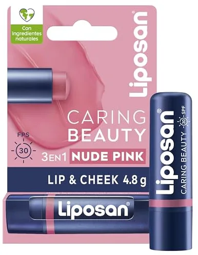 Liposan Caring Beauty Lip and Cheek Nude Pink, bálsamo de labios y colorete en barra tono rosa nude, protector labial en stick 3 en 1 para un look sencillo, 1 x 4,8 g