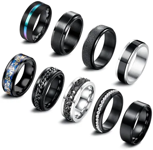 Adramata 9Pcs Anillos Hombre Acero Inoxidable Antiestres Vintage de Boda Compromiso Promesa Cadena Conjunto Fidget Plata Negro