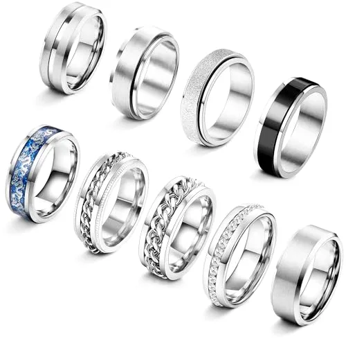 Adramata 9Pcs Anillos Hombre Acero Inoxidable Anillo Antiestres Vintage Anillos de Boda Anillos de Compromiso de Promesa Anillo de Cadena Conjunto de Anillos Fidget Anillos Hombre Plata Negro