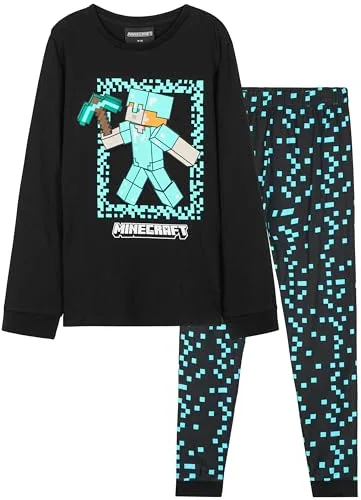 Minecraft Conjunto de Pijama Niño, Pantalón y Camiseta Largos - Regalo Niños y Adolescentes (Negro, 7-8 años)