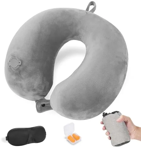Cirorld Almohada de Viaje Hinchable, Cojin de Viaje Cuello para Avión y Coche, Inflable Cojin Cervical Viaje, Ultraligero y Compacta, con Máscara de Ojos, Tapones y Bolsa, Gris