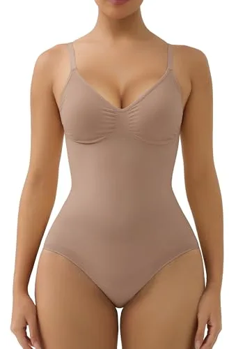 SHAPERX Body Reductor Mujer Sin Costuras Shapewear Bodysuit Control de Abdomen Faja Moldeadora con Copas Removibles, UK-SZ5433-Sienna-L/XL