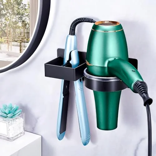 WAYASI Soporte Secador De Pelo, Soporte para Secador De Pelo De Pared Sin Taladrar, Soporte para Secador De Pelo y Plancha De Pelo Autoadhesivo, Soporte Plancha Pelo De (Negro)