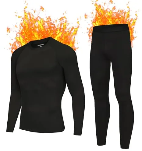 AMZSPORT Conjunto de Ropa Interior Térmica Negra para Hombres, Conjunto Invernal Ideal para Esquiar y Correr, Incluye Ropa Interior Funcional Transpirable y un Pantalón Térmico, Negro XL