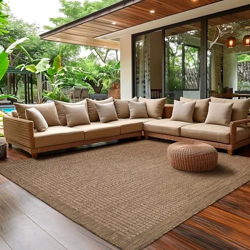 SIMPEX Alfombra exterior impermeable para terraza, balcón, jardín, cocina, diseño liso, tejido plano, aspecto de sisal, lavable, 60 x 100 cm, marrón