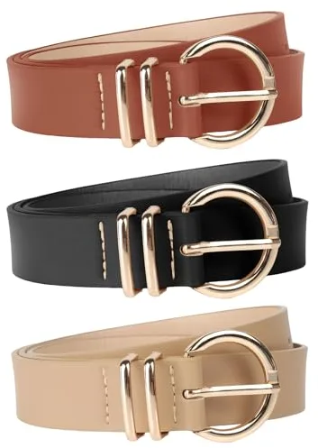 Euqvunn Paquete de 3 cinturones de poliuretano, estilo retro y a la moda, con hebilla dorada, para jeans, vestidos, pantalones, abrigos y accesorios