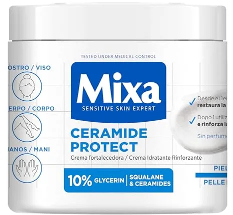 Mixa Crema Corporal Ceramide Protect para pieles muy secas con 10% de [Glicerina + Escualeno + Ceramidas]. Hidrata, fortalece y protege la barrera cutánea. 400 ml.