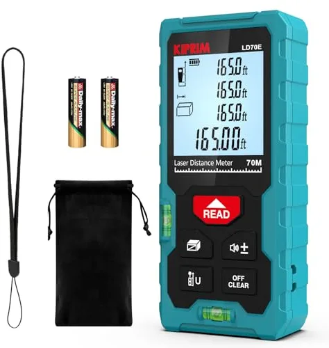 Medidor Láser 70M, Kiprim Láser Medidor Distancia con 2 Burbujas de Niveles in M/In/Ft, Telémetro Láser IP54 Herramienta de Medición Digital Portátil, Memorias 99 Datos, Pantalla LCD Retroiluminada