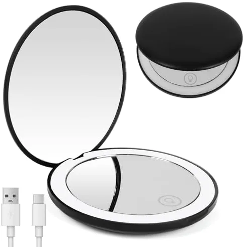 OSDUE Compacto con Aumento 1X/10X,Mini Espejo de Maquillaje LED Plegable,Espejo de Bolsillo Pequeño Recargable por Type-c Portátil Espejo de Viaje para depilar Cejas Adecuado para Bolsillos y Bolsos
