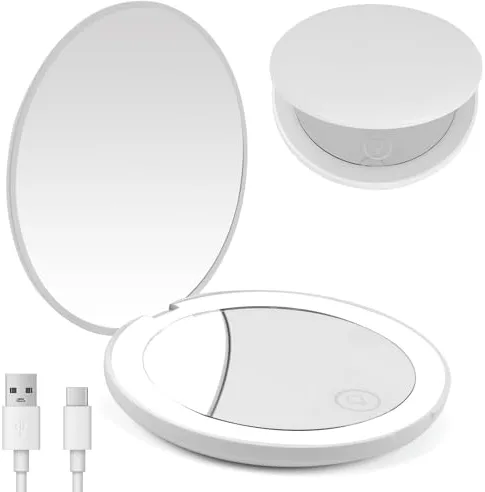 OSDUE Compacto con Aumento 1X/10X,Mini Espejo de Maquillaje LED Plegable,Espejo de Bolsillo Pequeño Recargable por Type-c Portátil Espejo de Viaje para depilar Cejas Adecuado para Bolsillos y Bolsos