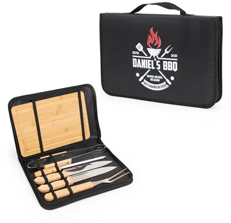Wanapix | Kit Barbacoa Personalizado | Set Utensilios Barbacoa | Incluye 6 Accesorios (2 Cuchillos, Tabla, Pinzas, Afilador y Trinchador)| Best BBQ