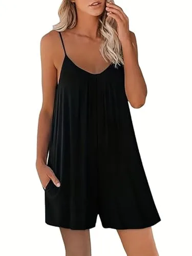 Haibang Mono Mujer Verano Corto Sin Mangas Elegante Peto Mujer Verano Espaguetis Sueltos Jumpsuit Casual Monos de Mujer Cortos Una Pieza Mono Pantalon con Bolsillos Informal Playa Playsuit