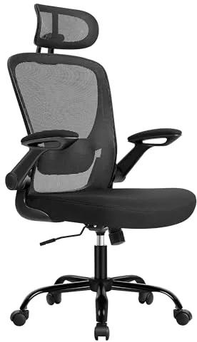 SONGMICS Silla de Oficina, Silla de Escritorio de Malla, Silla Giratoria Ergonómica, Soporte Lumbar, Oscilante, Asiento de 53 cm, Apoyabrazos Abatibles, Reposacabezas, Negro Tinta OBN047B01