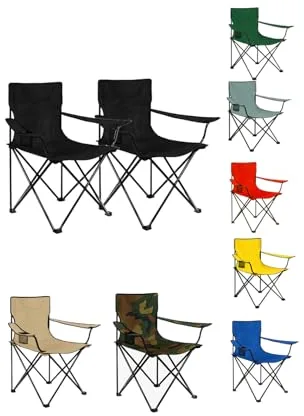 Jardin202 - Silla de Camping Plegable de Acero con Reposabrazos y Funda con Asas- 80x80x50 cm, Resistente al Agua - Ideal para Exterior | Pack 2 uds (Negra)