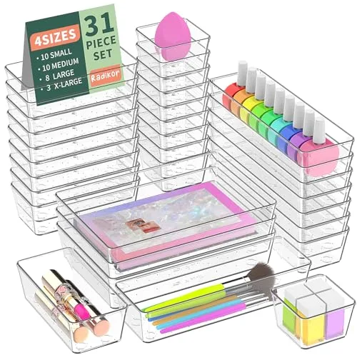 Radikor 31 Piezas Organizadores de Cajones de Plástico Transparente, Organizador de Maquillaje Cajones, Organizador Cajones Escritorio, Cajas Organizadoras para Maquillaje, Baño, Cocina, per Oficina