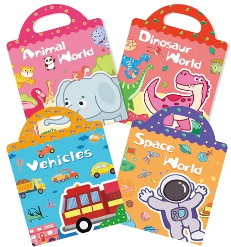 Libro Pegatinas (Versión mejorada) Pack de 4 Pegatinas Infantiles Reutilizables,Dinosaurio + Animal + Espacio + Vehículos Tema, Apto Para Niños Mayores de 2 Años