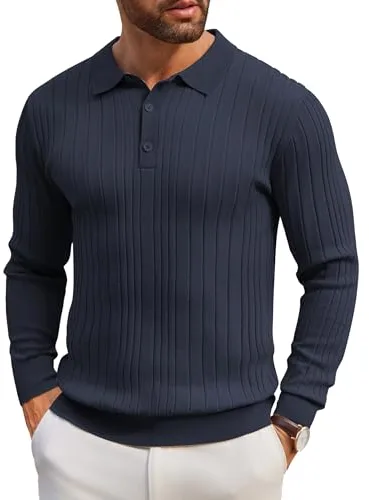 COOFANDY Suéter Tipo Polo de Punto para Hombre Manga Larga Polo Informal Color Liso Azul Marino L