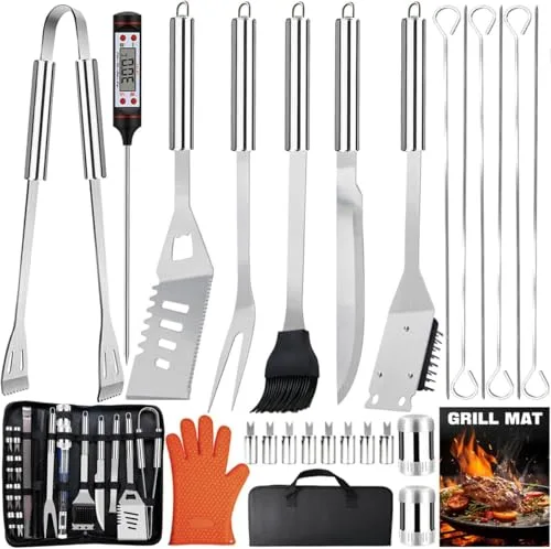 28Pcs Utensilios de Barbacoa de Acero Inoxidable, Accesorios de Barbacoa de Gas y Carbón para Camping en Portátiles Maletín, Kit Práctico de Utensilios de Parrilla de Barbacoa, Regalos para Hombres.