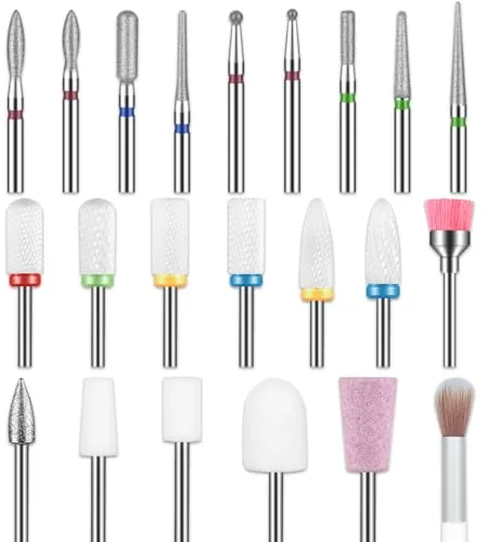 Depvko Juego de 22 brocas para uñas profesionales, 3/32'' fresas torno para uñas cerámica diamante brocas torno uñas, removedor de cutículas para taladro de uñas de gel acrílico, manicura y pedicura