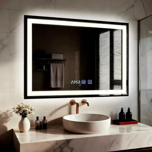 YU YUSING Espejo Baño con Luz Regulable, 80x60cm, Espejo de Pared LED con 3 Colores, Marco Metal, Espejo de Baño con Interruptor Táctil, Antivaho, Visualización Tiempo, IP44, Horizontal Negro