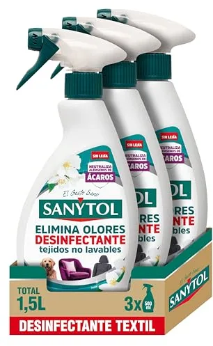 Sanytol – Spray Elimina Olores Desinfectante para Textiles, Elimina Malos Olores Persistentes y Neutraliza Alérgenos, Sin Lejía - Pack de 3 x 500 ml = 1,5L