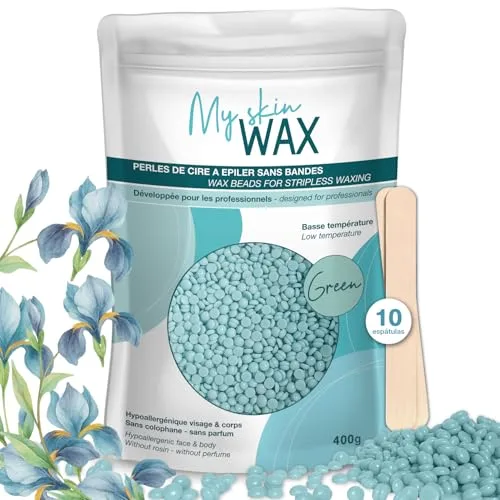 My Skin Wax - Perlas de Cera para Depilación Sin Bandas 400g, Hipoalergénico, Depilatoria Indolora Sin Enrojecimiento, Especial Para Pieles Sensibles Hombre Mujer, Depilar Facial, Brasileño, Verde