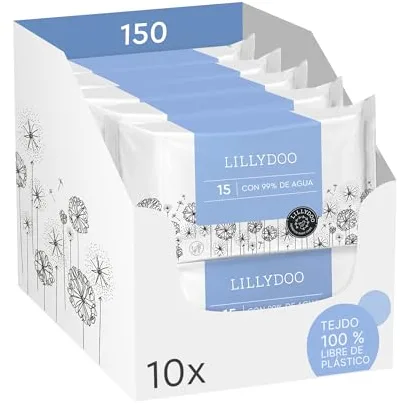 Toallitas húmedas para bebés LILLYDOO con un 99% de agua, 10 paquetes de 15 (150 unidades), 100% libres de plástico sin perfumes y tan suave como el algodón y el agua