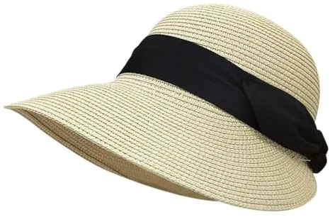 Feelorna Sombrero de Paja para Mujer con Ala Ancha, Protección UV, Transpirable, de Playa y Verano Plegable para Viajes y Vacaciones