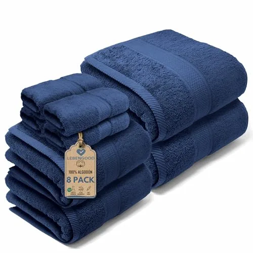 LEBENGOOD Juego de Toallas Baño Completo 100% Algodón Premium 550gsm | 4 Toallas Tocador (30x30), 2 Toallas Lavabo (50x90), 2 Toallas Ducha (70x140) | Suaves, Absorbentes y Resistentes (PACK 8 Azulon)