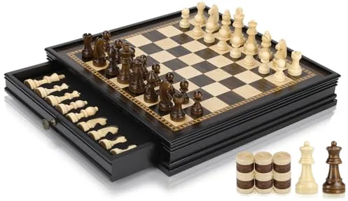 Peradix Ajedrez 2 En 1 Damas de Madera con 2 Cajones,Juego Tablero Ajedrez Magnetico con 2 Reinas, Profesional Chess Board para Niños y Adultos