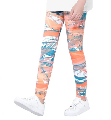 FILOWA Leggings para Niña Infantiles Deporte Largos Mallas Naranja Estampado Yoga Pantalones Elásticos Legging Suaves Stretch Deportivo Malla Gimnasia Gym Fitness Ropa para Adolescentes 12-13 Anos