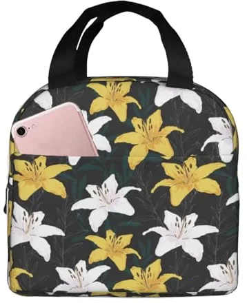 Loncheras aisladas para hombres y mujeres, trabajo, color amarillo y blanco, con flores, bolsa térmica suave aislada para viajes, a prueba de agua, lonchera pequeña para adultos, para hombres y